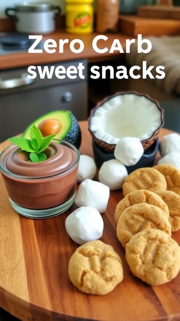 A platter of zero carb sweet snacks including chocolate mousse, coconut fat bombs, and almond butter cookies.